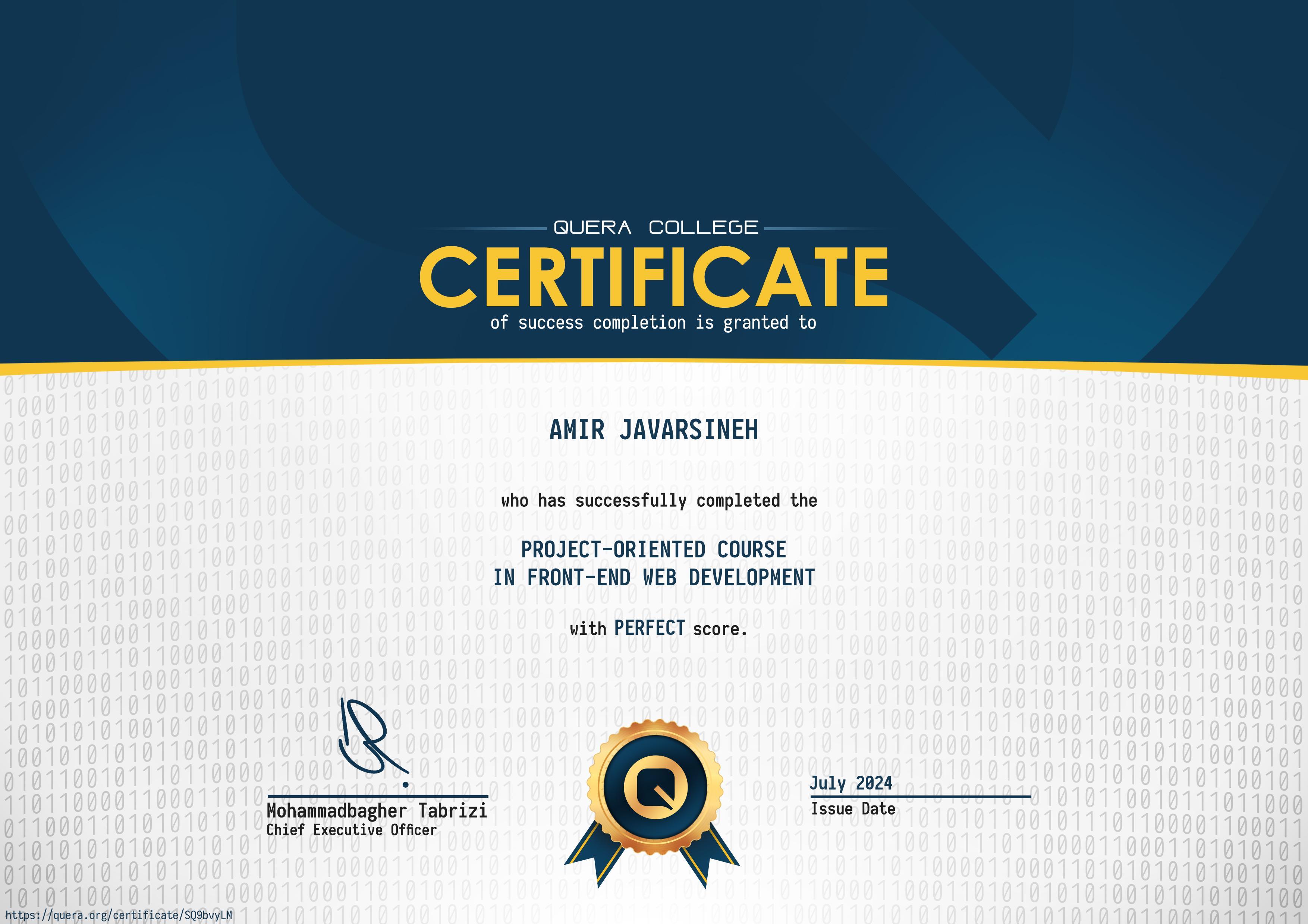 Frontend Web Development Certificate - Amir Javarsineh - Quera College