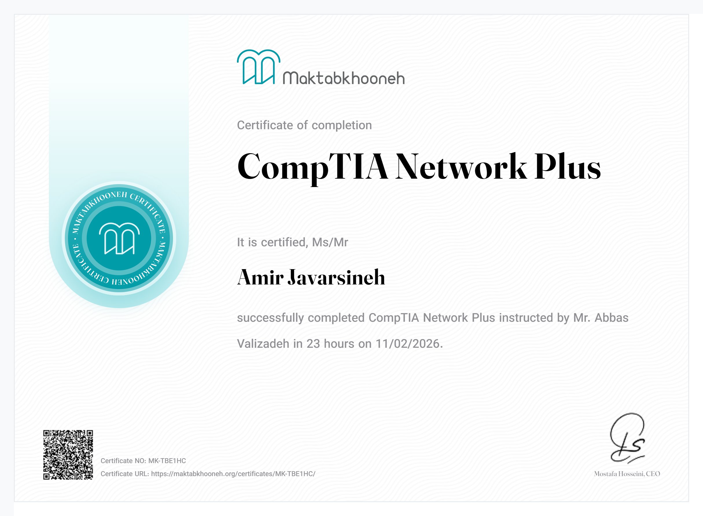 CompTIA Network+ Certificate - Amir Javarsineh - امیر جاورسینه