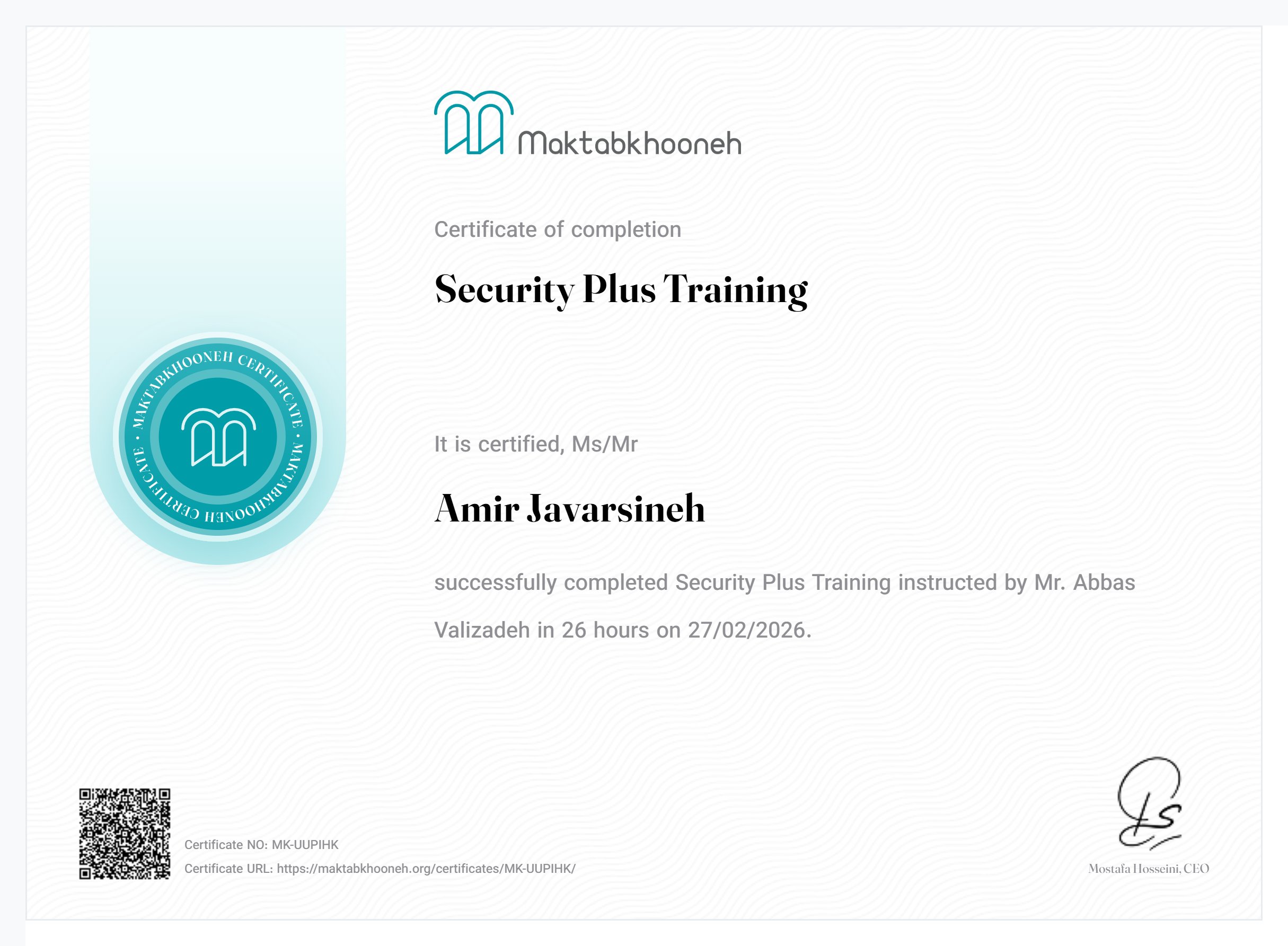 CompTIA Security+ Certificate - Amir Javarsineh - امیر جاورسینه