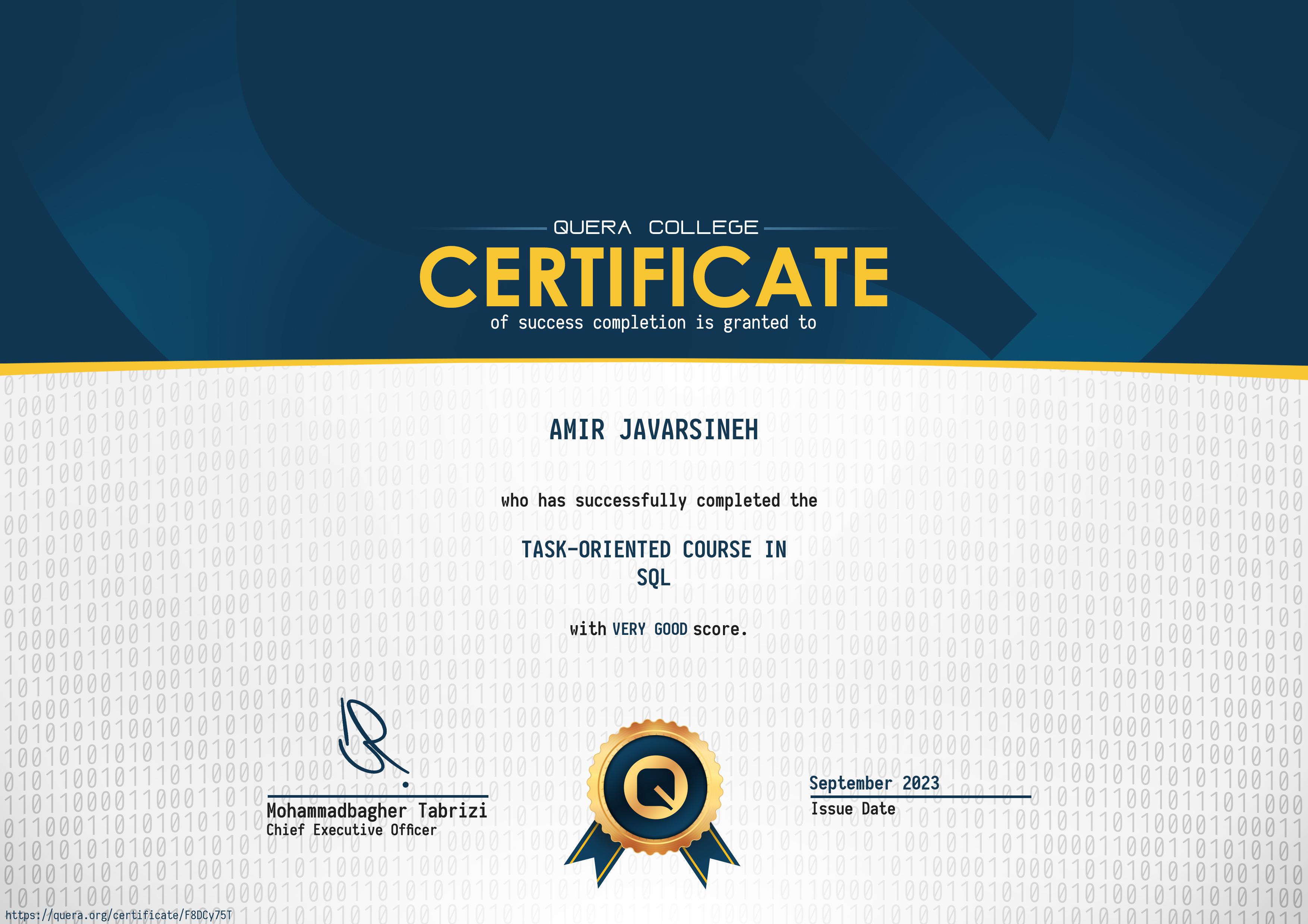 SQL Course Certificate - Amir Javarsineh - Quera College